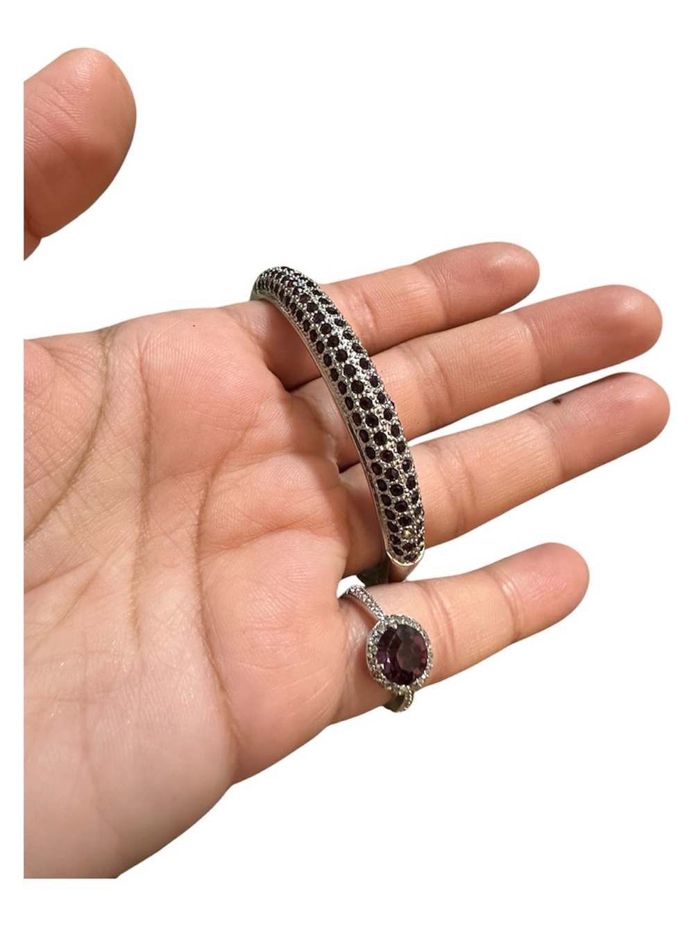 Sterling Silver Black CZ Pave Bangle and Purple Gemstone Ring Set